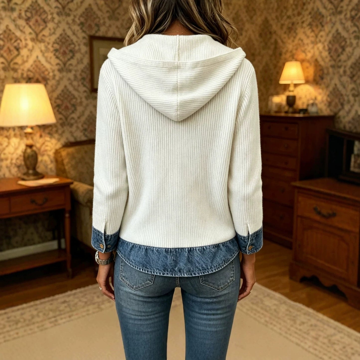 Womens Autumn Printed Denim-Style Patchwork Hooded Long-Sleeve Shirt