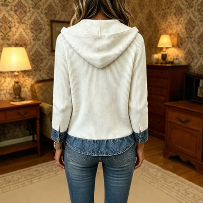 Womens Autumn Printed Denim-Style Patchwork Hooded Long-Sleeve Shirt