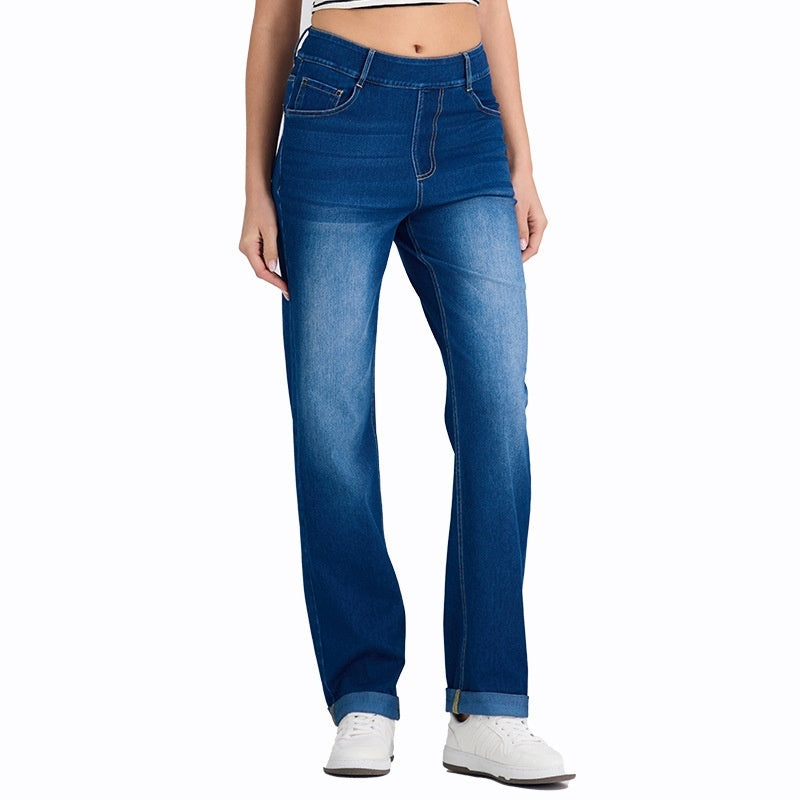 Cuffed Knitted Denim Straight-Leg Pants For Women