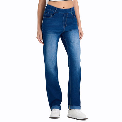 Cuffed Knitted Denim Straight-Leg Pants For Women