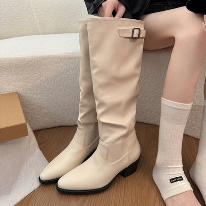 Women Beige Slouchy Knee High Boots Square Buckle Block Heel Pointed Toe Western Knight Boots