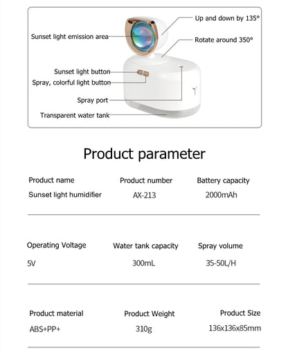 2 In 1 Mini Wireless Sunset Lamp Air Humidifier 300ML Fog Sprayer Humidifiers Ambient Light Mute Mist Maker For Home Decor Office
