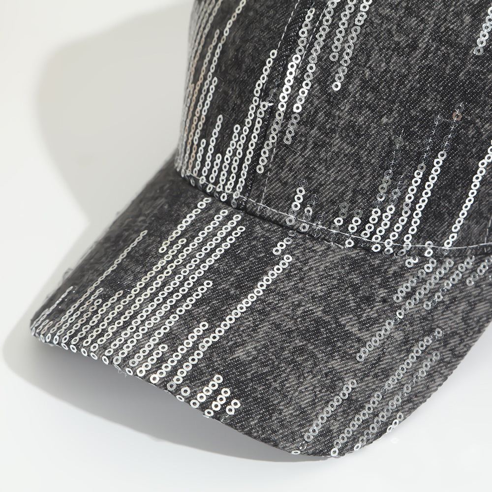 Full-pattern Vertical Sequin Washed Denim Baseball Cap, Suitable For Women's Outdoor Outings And Date Occasions, Versatile And Easy To Wear