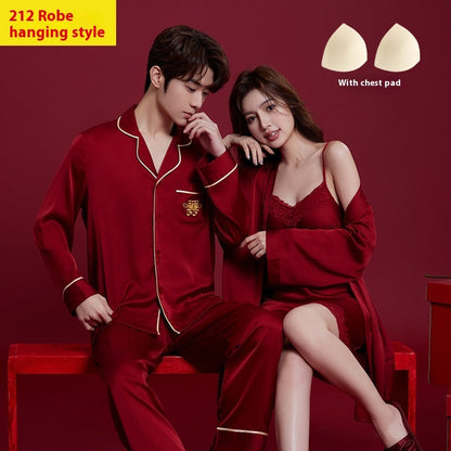 Spring And Autumn Ice Silk Red Festive Men's And Women's Wedding Dowry Suit