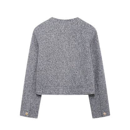 Fashionable Round-neck Pearl Leather Jacket Short-style Outerwear