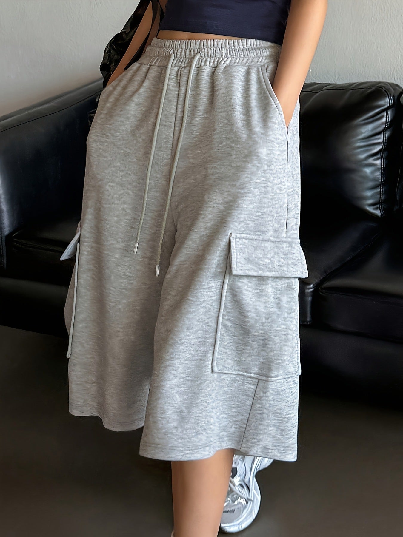 Women's Summer Sports Shorts, Loose Casual Style, New Straight-Cut Slimming Gray Wide-Leg Mid-Length Shorts, Versatile Five-Point Pants, Trendy
