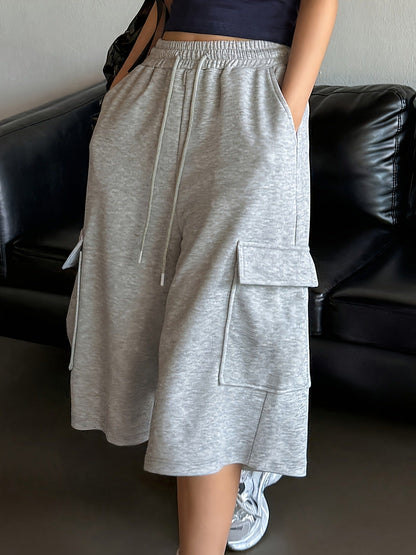 Women's Summer Sports Shorts, Loose Casual Style, New Straight-Cut Slimming Gray Wide-Leg Mid-Length Shorts, Versatile Five-Point Pants, Trendy