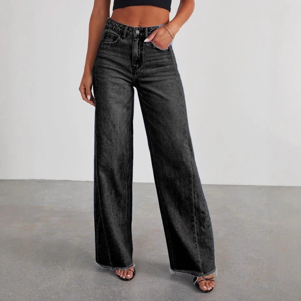 Europe And The United States Cross-border New Amazon Loose Wide Leg Side Stitching Framed Hem Jeans Women's 32150