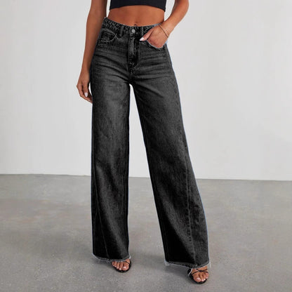 Europe And The United States Cross-border New Amazon Loose Wide Leg Side Stitching Framed Hem Jeans Women's 32150