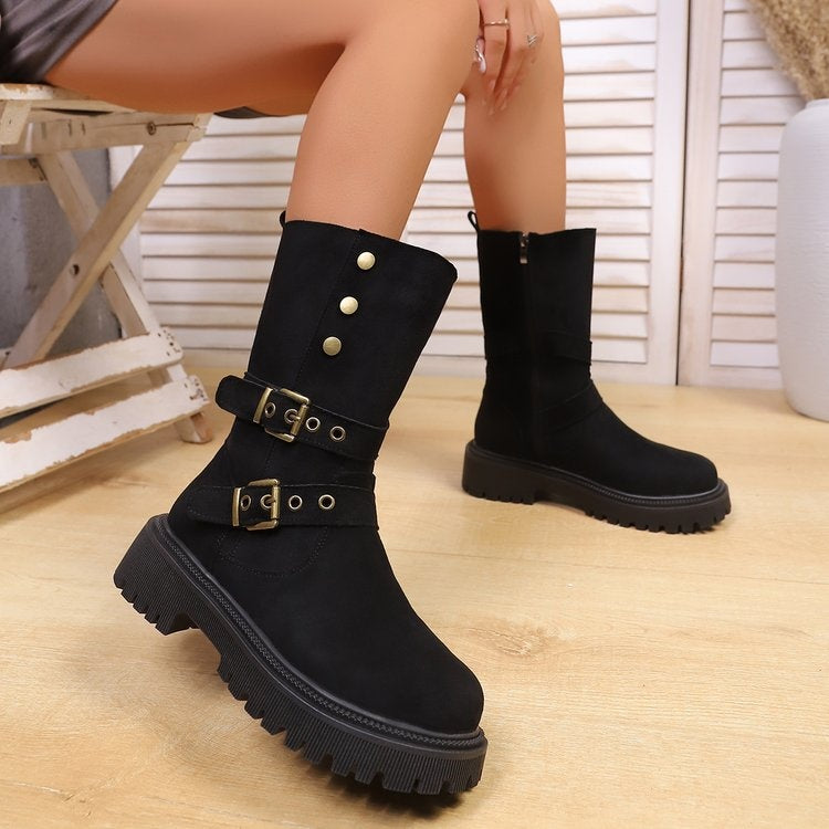 Women Retro Suede Mid Calf Boots Double Buckle Metal Rivet Thick Platform Moto Western Boots