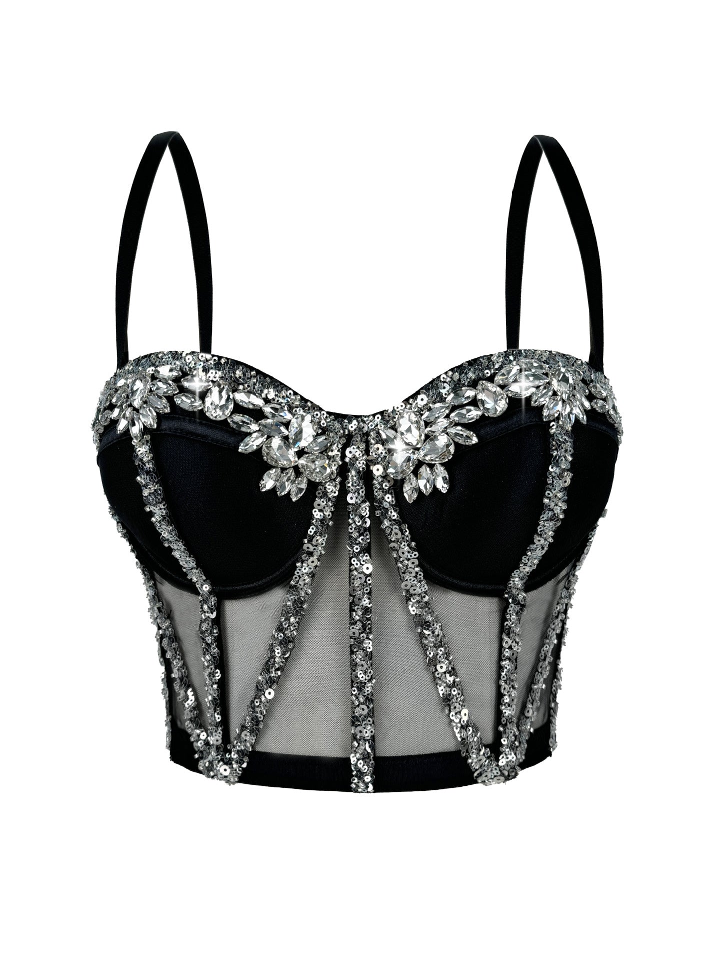 Cross-Border Rhinestone Mesh Fishbone Bra Semi-Transparent Sexy Slimming Suspender Tube Top Slimming  Diamond Fishbone Top Stage