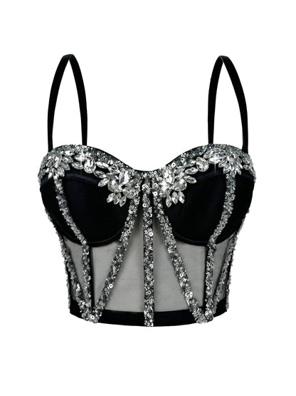Cross-Border Rhinestone Mesh Fishbone Bra Semi-Transparent Sexy Slimming Suspender Tube Top Slimming  Diamond Fishbone Top Stage