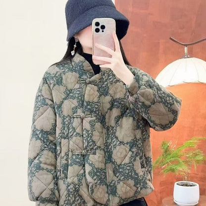 Womens Cotton-Polyester Printed Stand-Collar Coat
