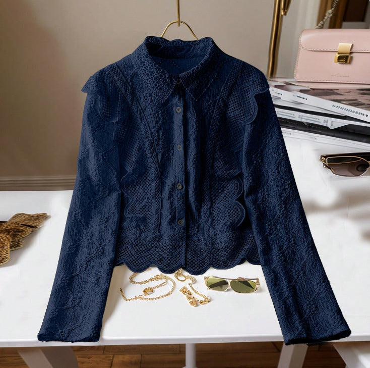 Hollow-out Suit-collar Long-sleeve Single-breasted Casual Lace-patchwork Blouse