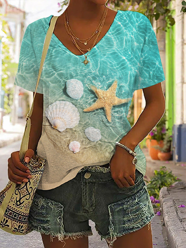 Cross-Border 3D Printed Loose V-Neck T-shirt for Women
