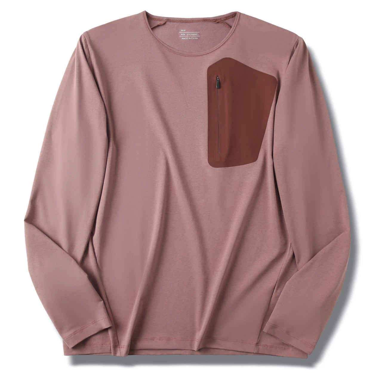 Men's Crew Neck Long Sleeve T-Shirt, Cotton Feel Moisture Wicking Quick Dry Athletic Shirts, Outdoor Hiking Tops With Seam Sealed Zipper Chest Pocket For Fall