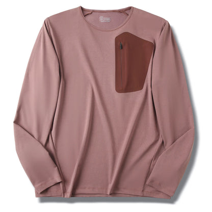 Men's Crew Neck Long Sleeve T-Shirt, Cotton Feel Moisture Wicking Quick Dry Athletic Shirts, Outdoor Hiking Tops With Seam Sealed Zipper Chest Pocket For Fall