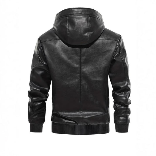 Winter Fleece-lined Men's Casual All-matching Hooded Leather Coat Coat