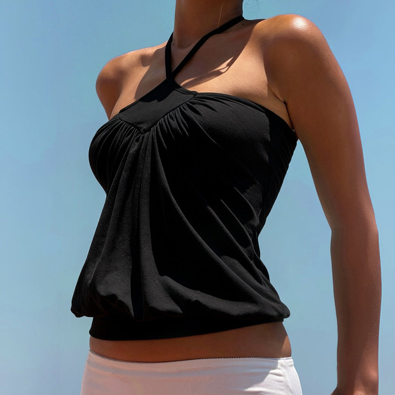 New Solid-color Slimming Sleeveless Halter Top With Gathered Straps