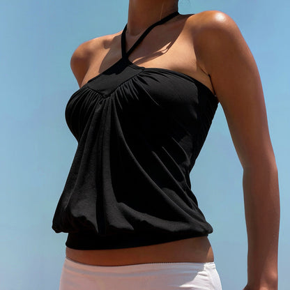 New Solid-color Slimming Sleeveless Halter Top With Gathered Straps