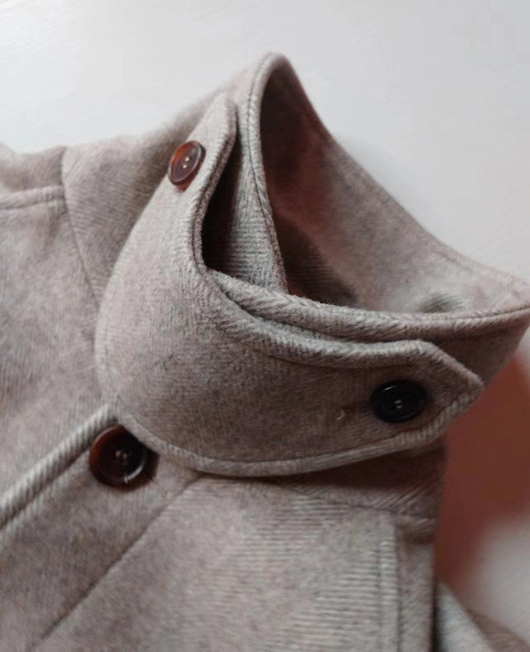 Mens Mid-length Wool Coat With Horn Buttons And A Lapel Collar