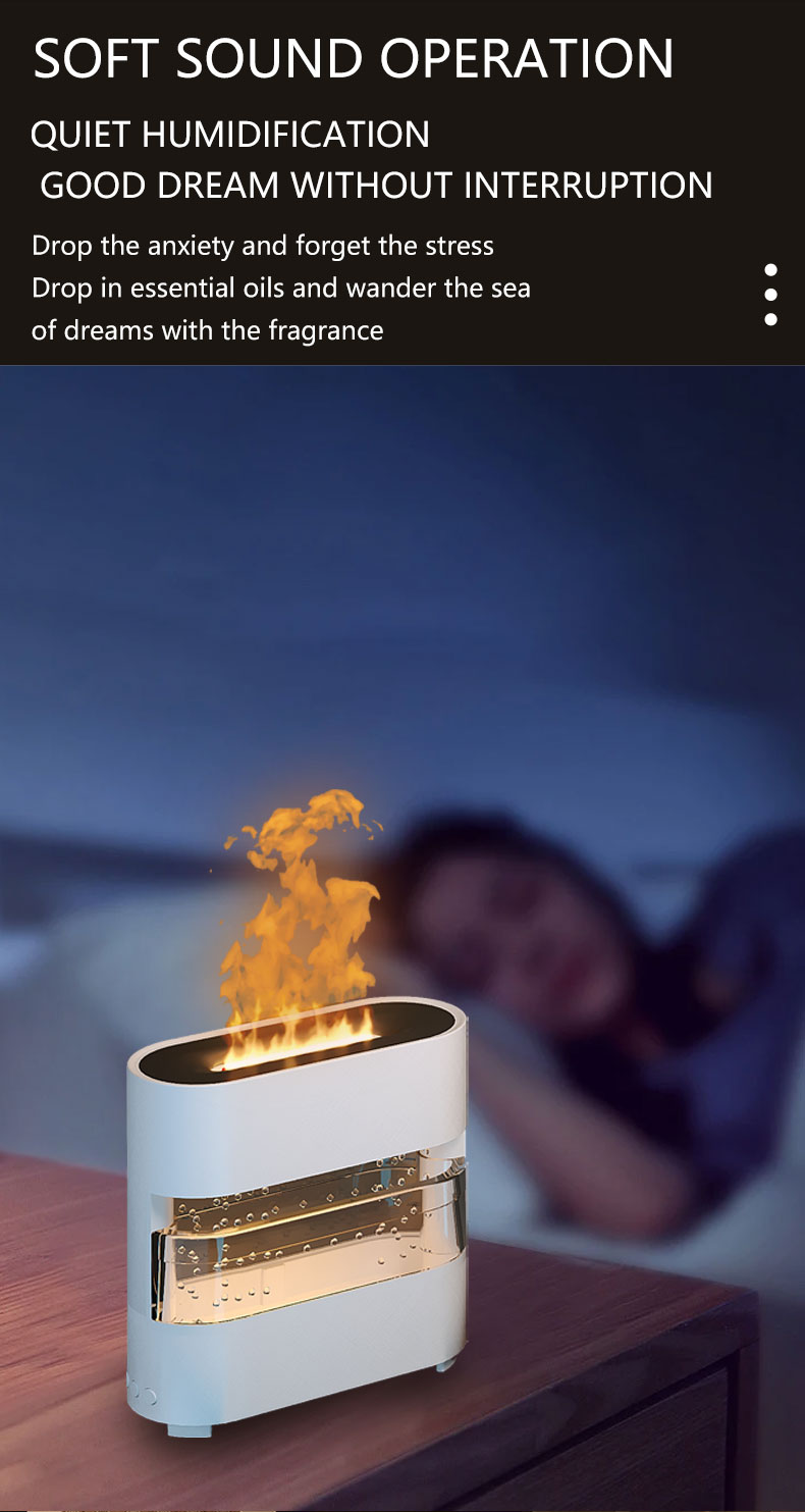 Humidifier emitting steam with a blurred person in the background, text about soft sound operation and quiet humidification.