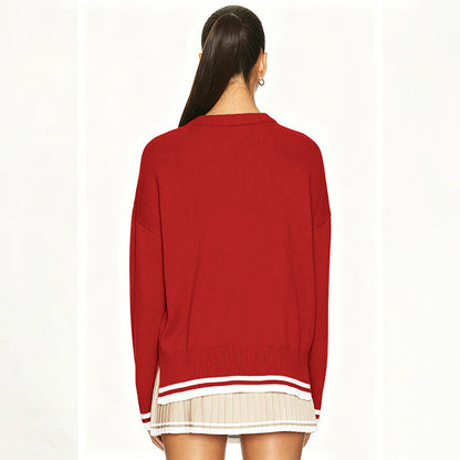 Round-neck Loose-fit Long-sleeve Jacquard-knit Pullover Sweater Top