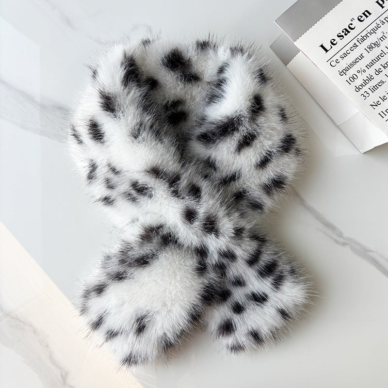 Natural Spotted Leopard Print Plush Cross Neck Scarf With A Korean-style Gentle Style For Autumn And Winter Daily Outings