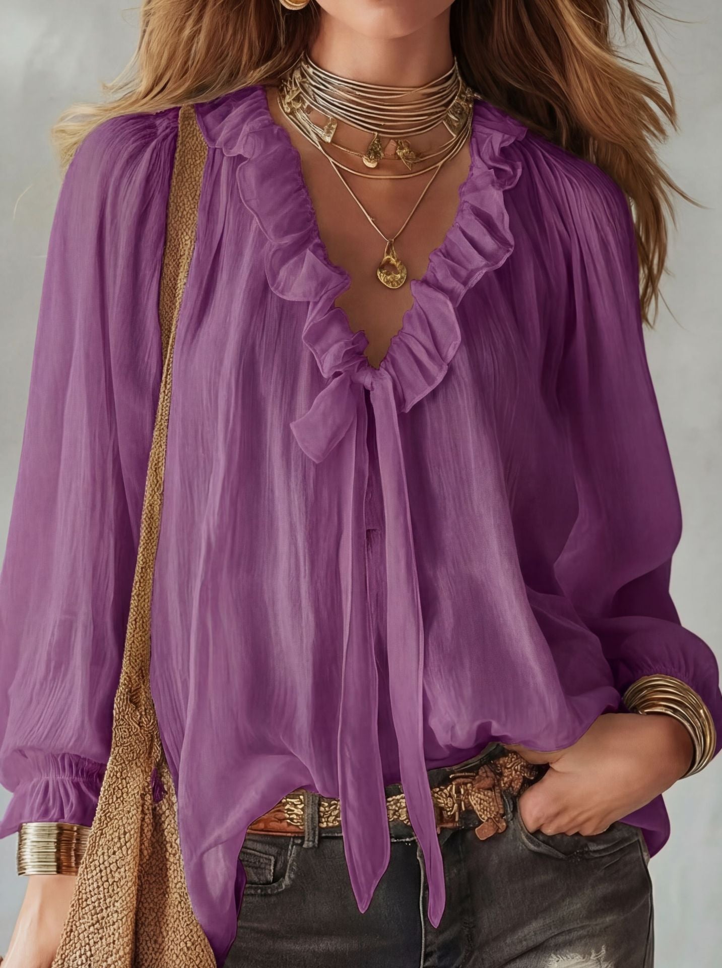 Ladies' Fashion V-neck Loose Shirt Top