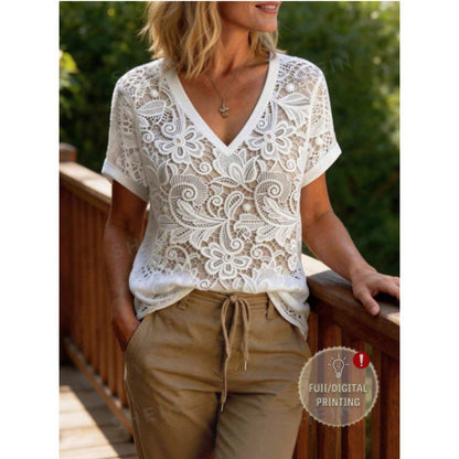 Womens Hollow-Out Casual V-Neck Short-Sleeve Top