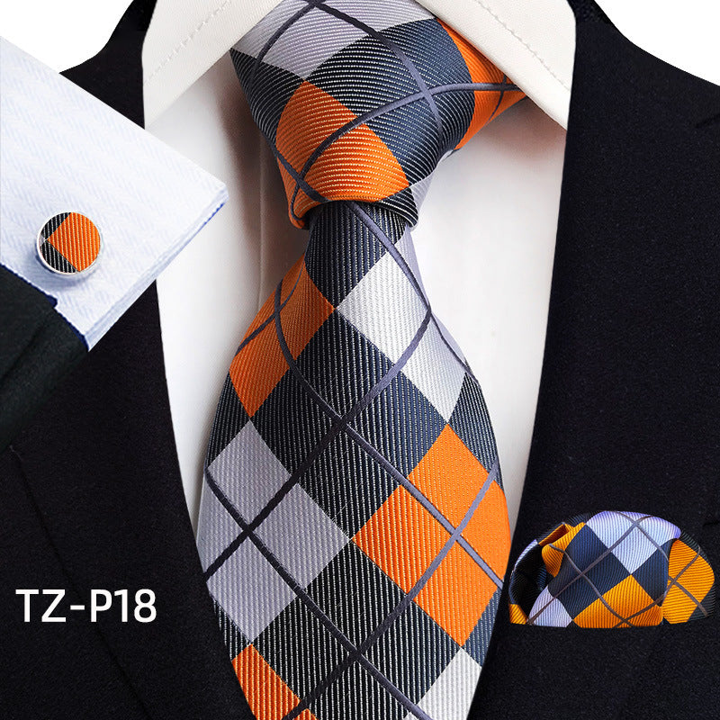 Mens Plaid Formal Tie Pocket Square And Cufflinks Three-Piece Set