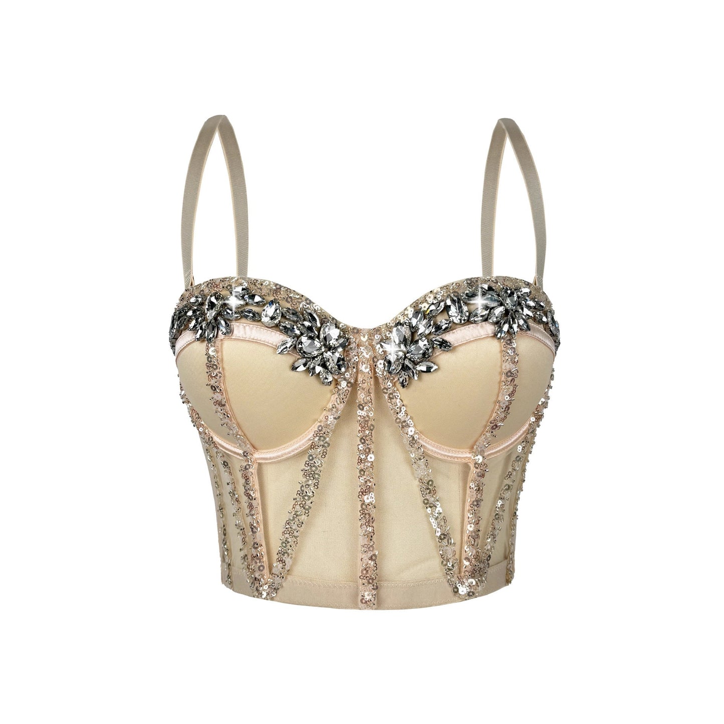 Cross-Border Rhinestone Mesh Fishbone Bra Semi-Transparent Sexy Slimming Suspender Tube Top Slimming  Diamond Fishbone Top Stage