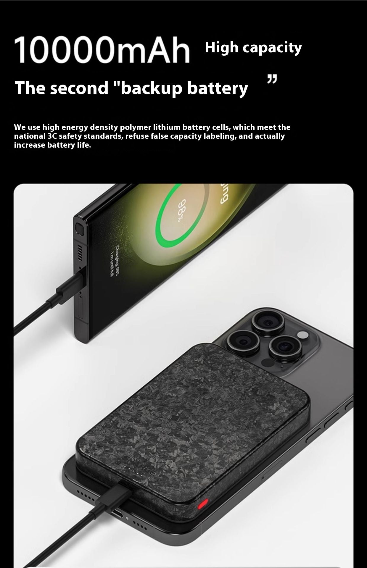 15W Magnetic Power Bank Wireless Carbon Fiber Magsafe Mobile Power Supply