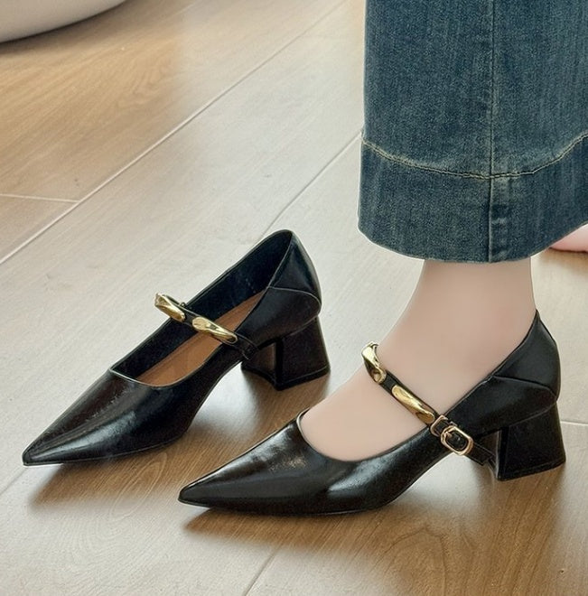 French Pointed Toe Block Heel Pumps For Women, Metal Strap Low Cut Mary Janes, Versatile Fashion Shoes For Spring & Autumn