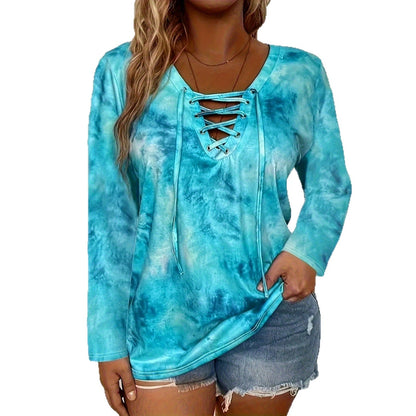 Women's Tie-dye Long Sleeve V-neck Loose-fitting Casual T-shirt