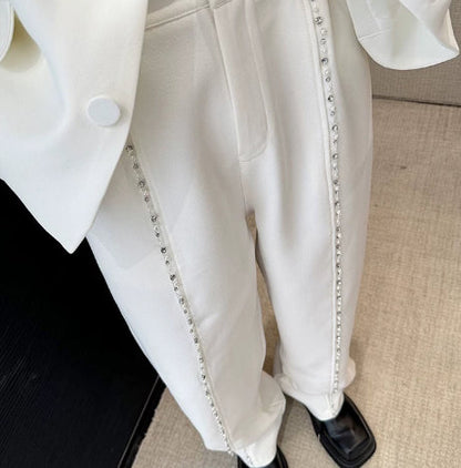 Pearl Rhinestone Shoulder Pad White Suit For Men With A Relaxed Feeling