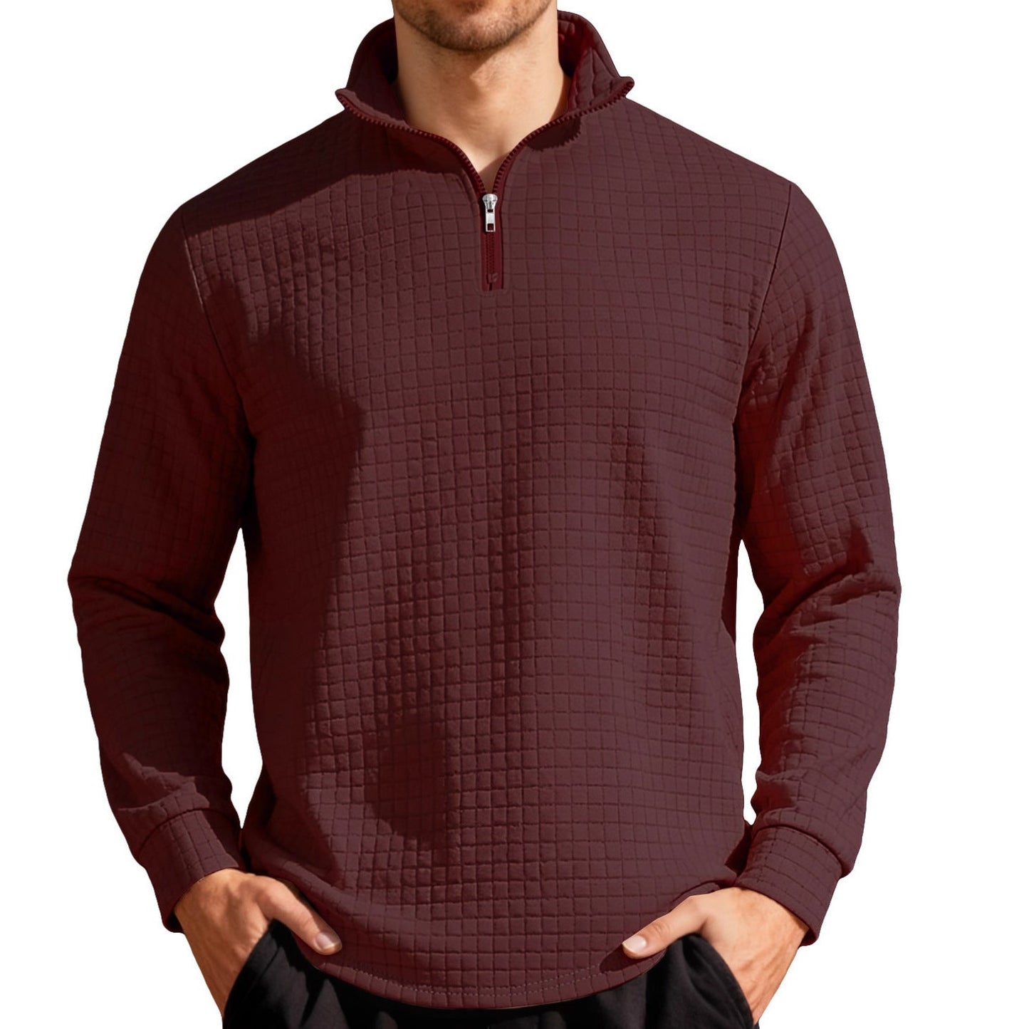 Business-casual Mens Loose-fit Jacquard Crew-neck Half-zip Hoodie With Small Square Patterns