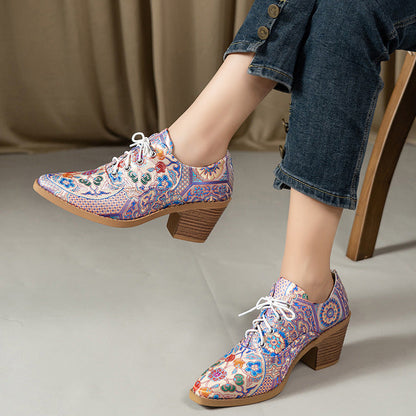 Pointed-toe Printed High-heeled Pumps With Laces For Women