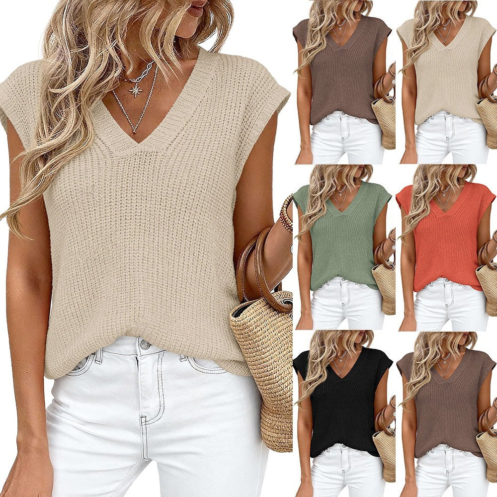 New Cross-Border European And American Women's Fashion Amazon Tk Hot-Selling Women's V-Neck Casual Top Short-Sleeve Chunky Knit Sweater