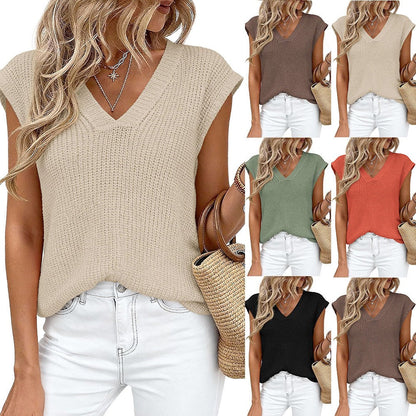 New Cross-Border European And American Women's Fashion Amazon Tk Hot-Selling Women's V-Neck Casual Top Short-Sleeve Chunky Knit Sweater