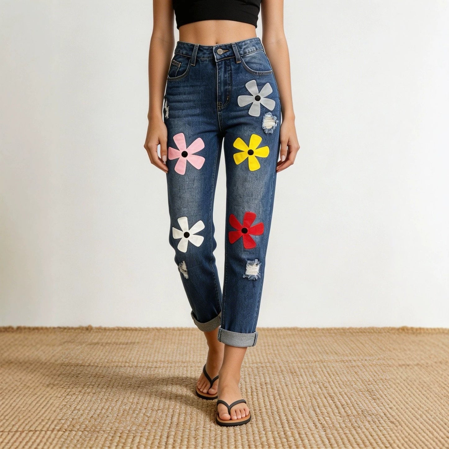 Fashionable And Versatile Womens Denim Jeans With A Dopamine Print