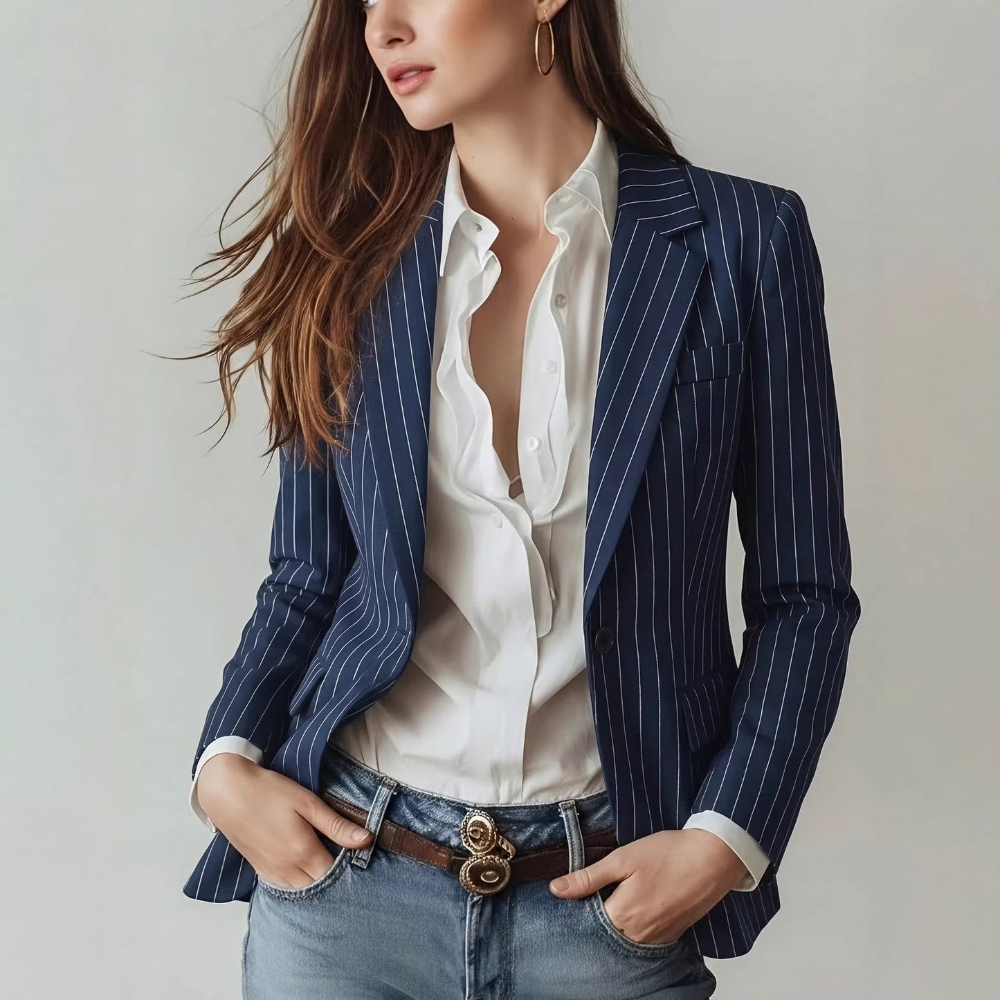 Navy Blue Striped Waist-Cinching Slimming Single-Buckle Petite Blazer For Women