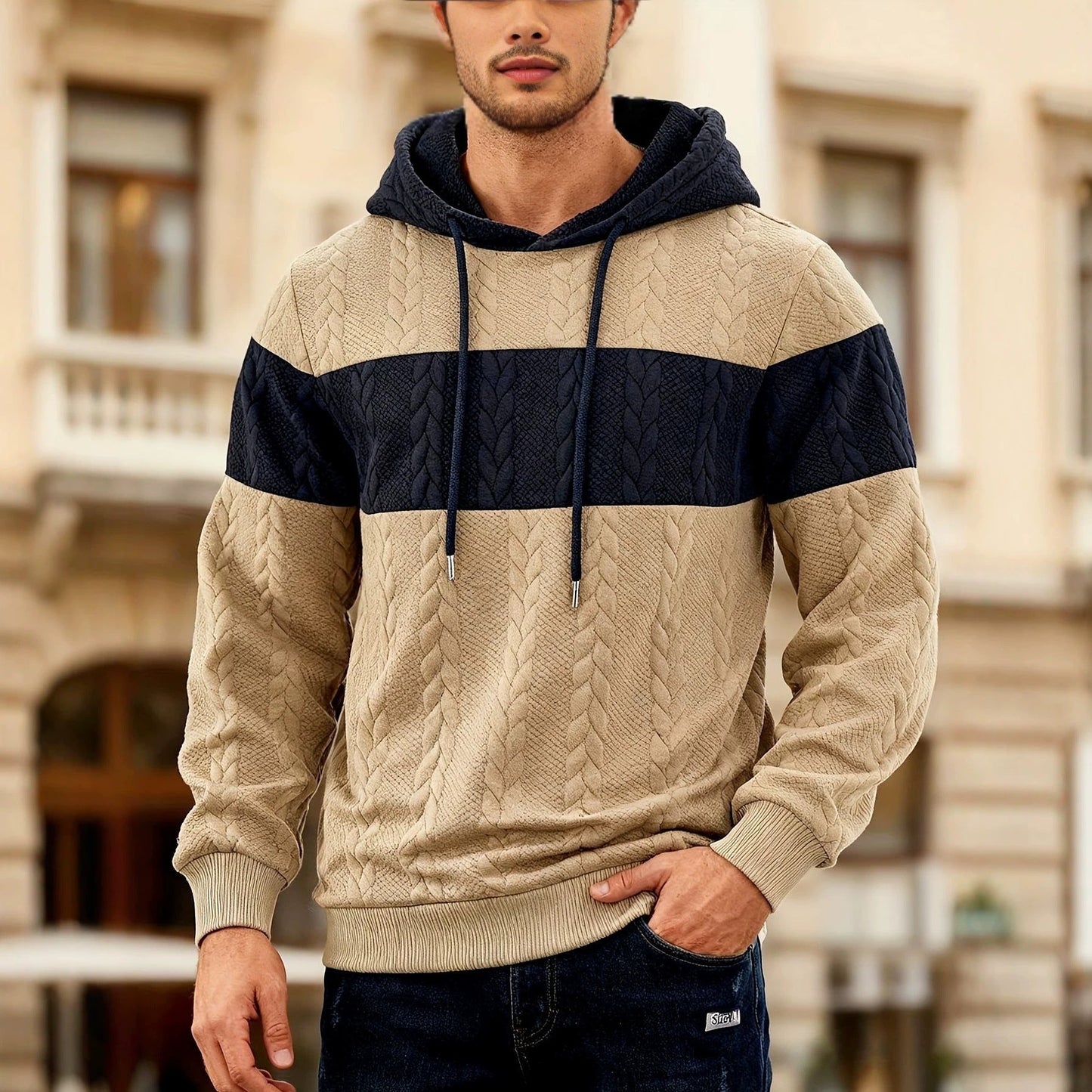 Mens Color-Block Loose-Fit Jacquard Sweatshirt