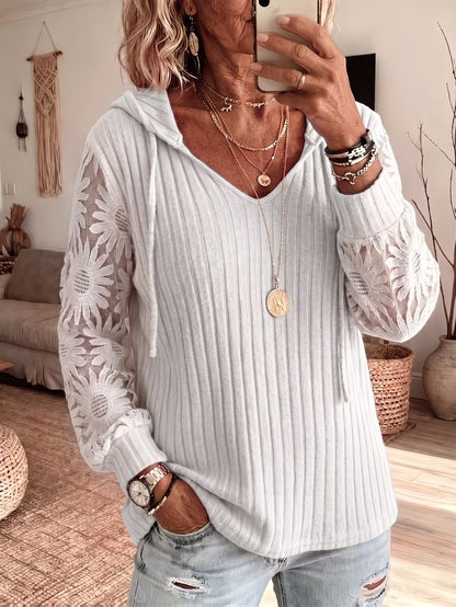 Women V Neck Hooded Sweatshirt Ribbed Knit Floral Lace Splicing Long Sleeve Drawstring Casual Pullover Tops