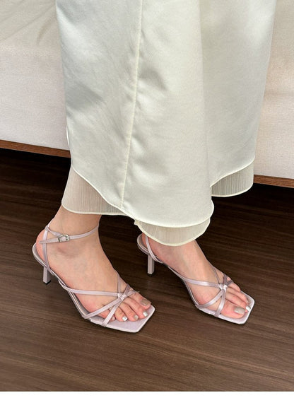 2026 New Summer French Elegant High Heel Sandals With Single Buckle Strap, Square Toe Open Toe Thin Strap Roman Shoes
