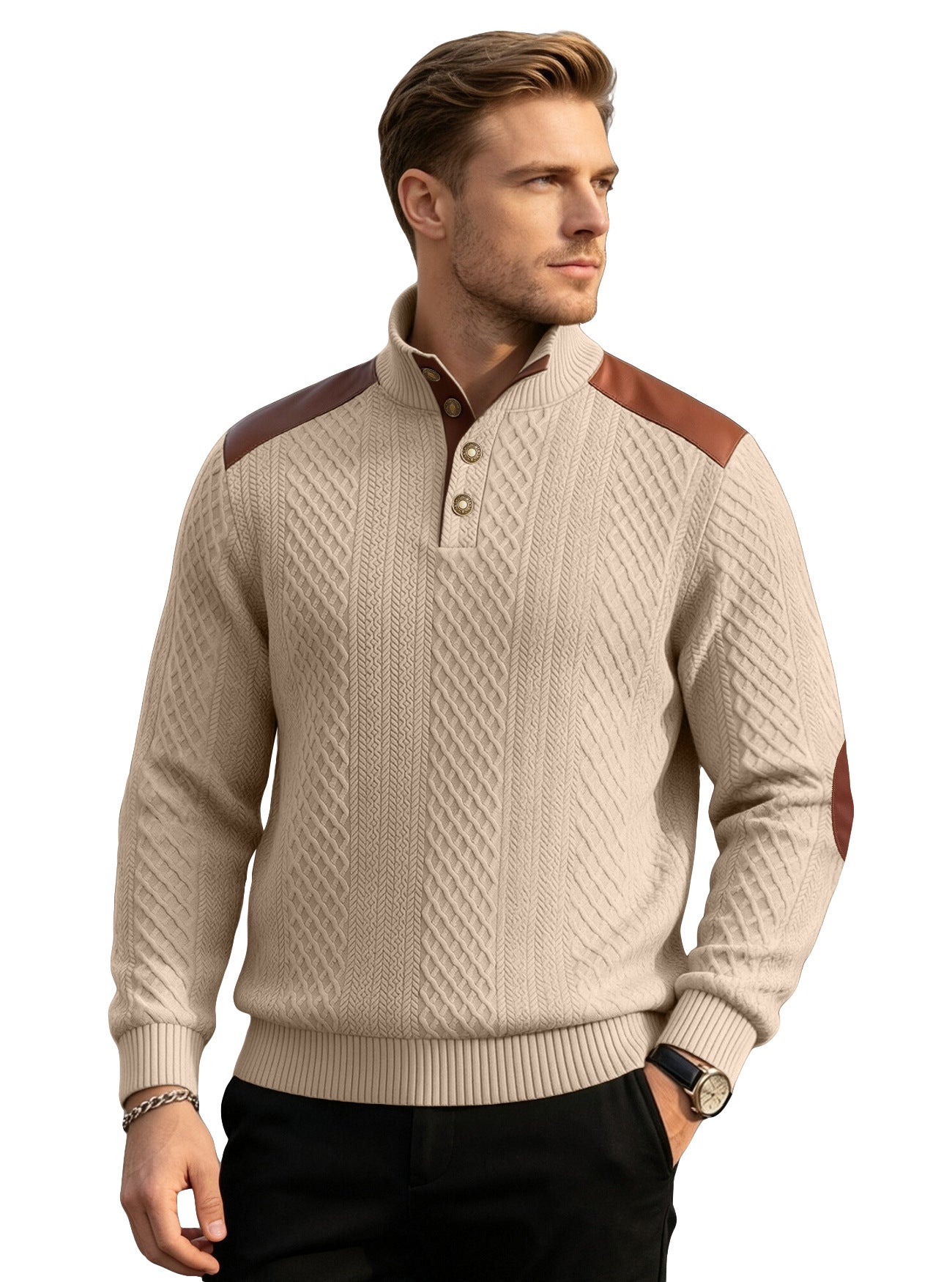 Cross-border Men's American Textured Jacquard Collared Knit Sweater With Shoulder Patchwork Loose Long-sleeve Pullover Sweatshirt