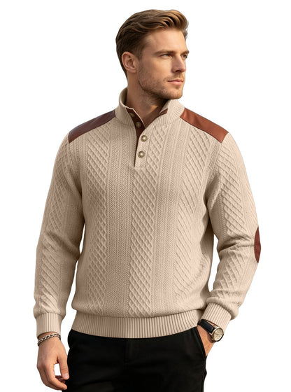 Cross-border Men's American Textured Jacquard Collared Knit Sweater With Shoulder Patchwork Loose Long-sleeve Pullover Sweatshirt