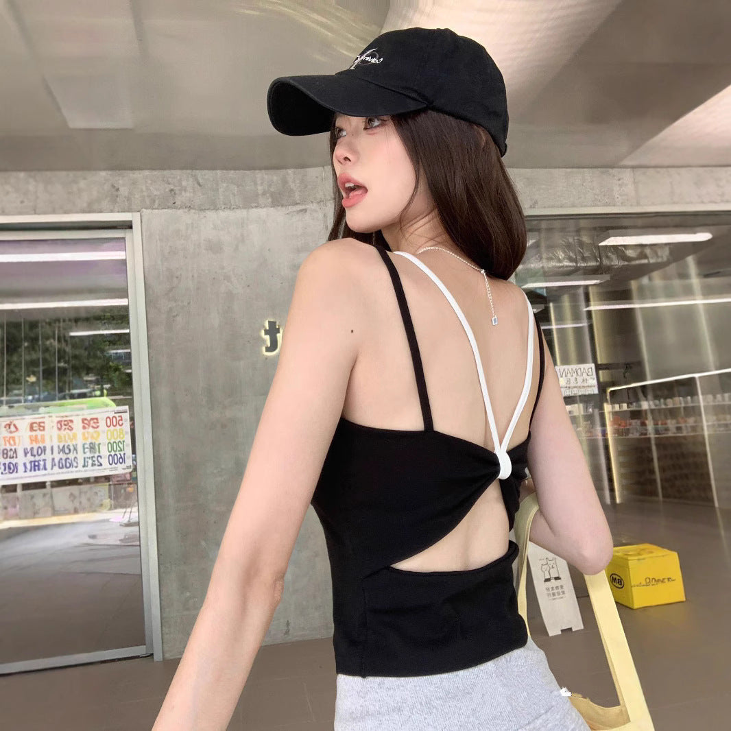 Summer Contrast-color Faux Two-piece Camisole With A Large Bow Knot And Cutout Design On The Back