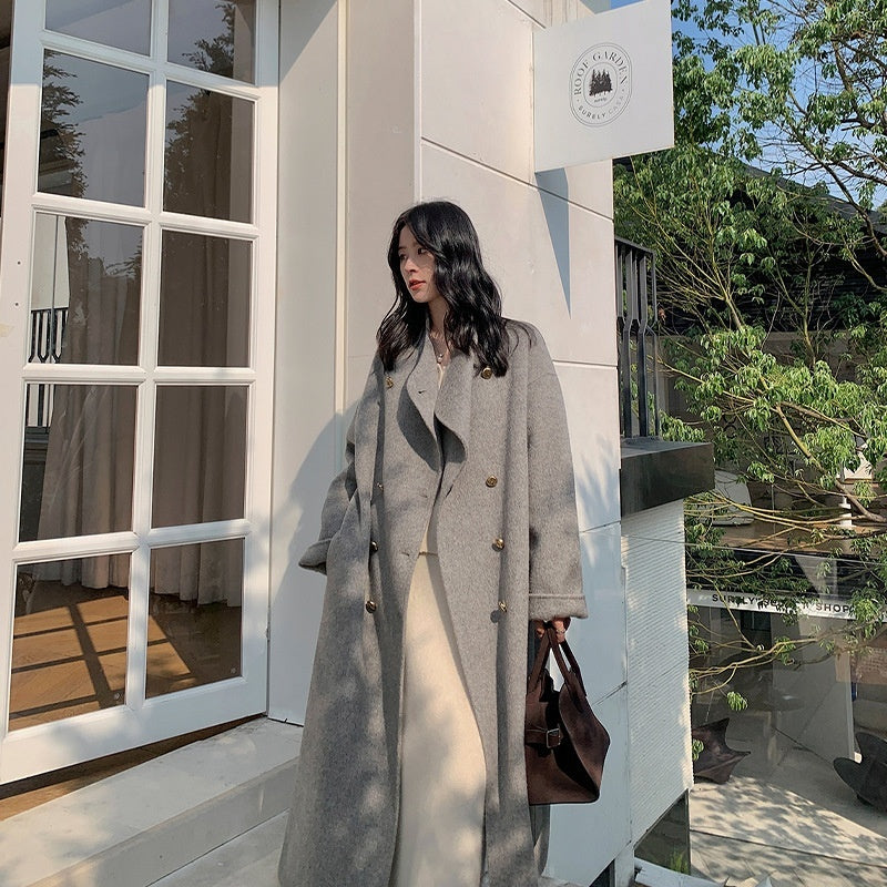 Stand-collar Design Double-breasted Coat Womens Large Lapel Long Loose-fit Wool Overcoat