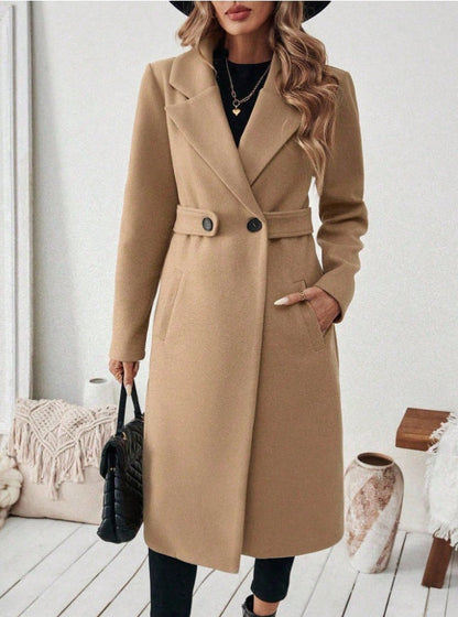 Womens Solid-color Wool Coat With A Lapel And Double-breasted Design